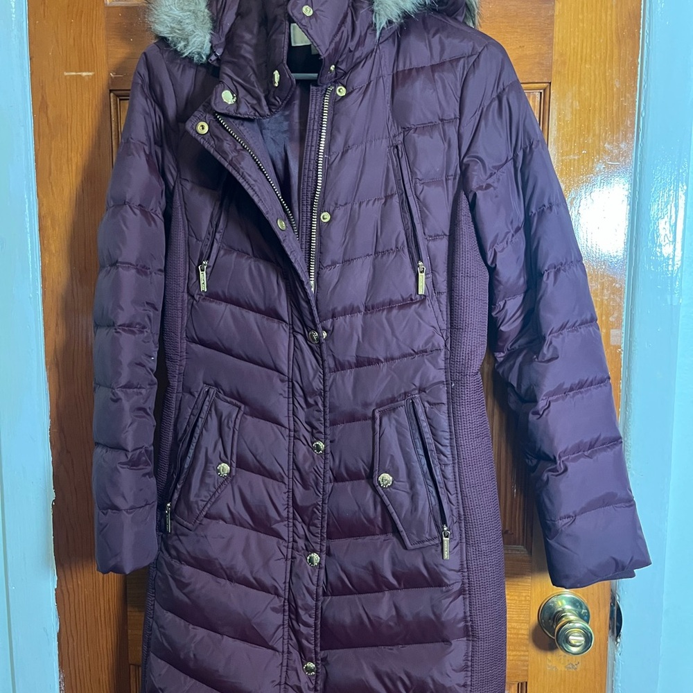Michael Kors Eggplant Puffer Coat with Fur Hood